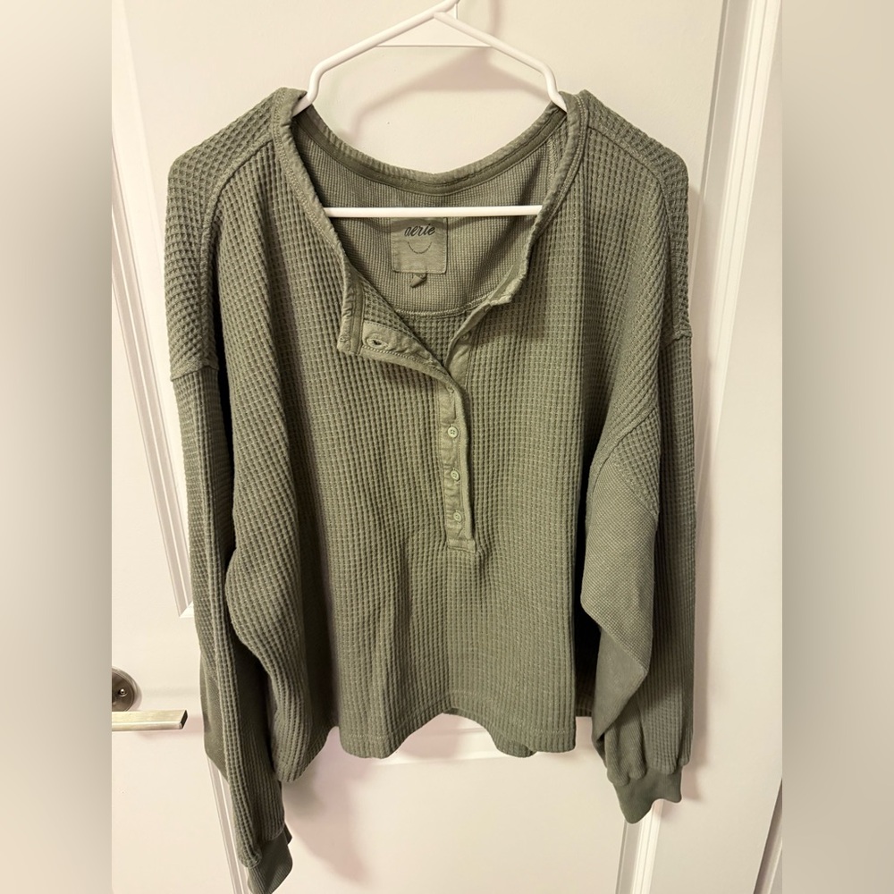 aerie Olive Green Waffle Henley Sweatshirt